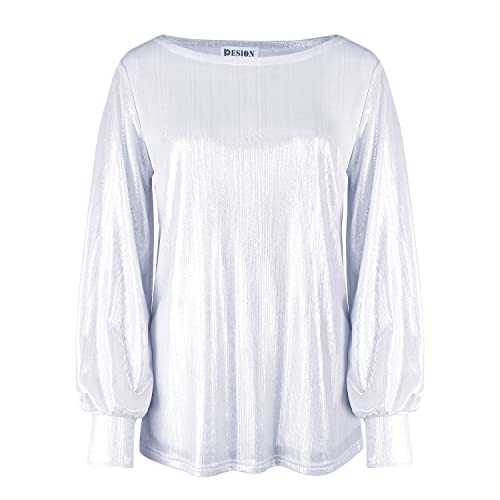 PESION Womens Casual Bishop Sleeve Blouse Boat Neck T-Shirts Tunic Tops