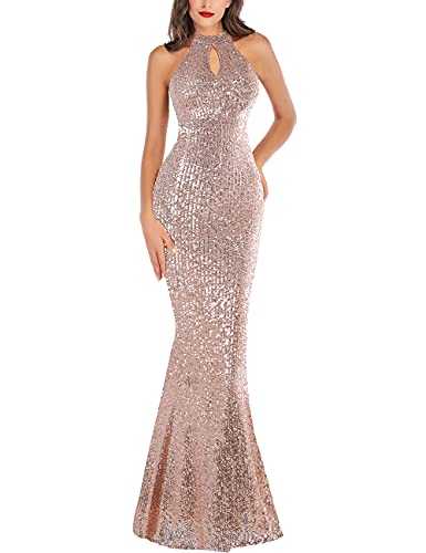 A ARFAR Women Evening Party Dress Sequin Sleeveless Dress Halter Neck Maxi Long Dress Formal Party Prom Gowns