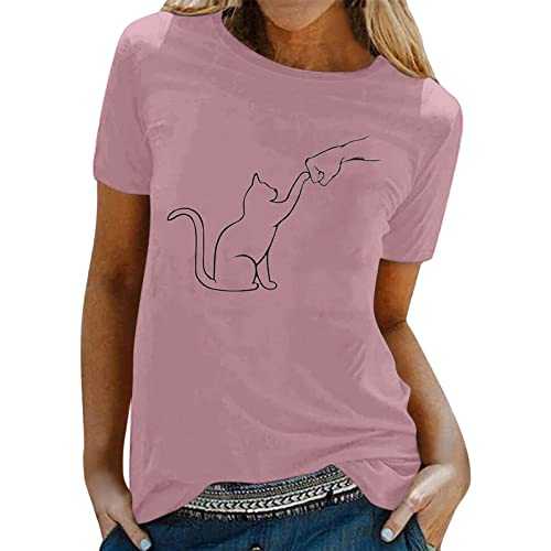Women Short Sleeve O Neck T Shirt Tops Spring Summer Cat Glitter Top