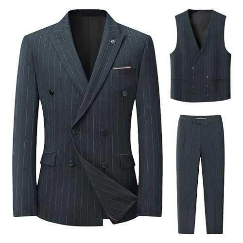 Men's Slim Fit 2 Button 3 Piece Suit Set Lightweight Solid Blazer Jacket Vest Pants for Dinner,Prom,Wedding