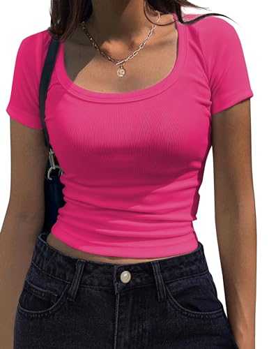 Zeagoo Women's Elegant Basic T-Shirt, Short Sleeve, U Neck Crop Top, Slim Fit Tops, Casual Plain Stretch Shirts, Tunic, XS-XXL