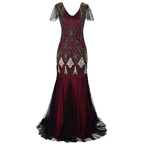 Women Vintage 1920s Flapper Gatsby Fancy Dress V Neck Art Deco Sequin Fringed Beaded Mermaid Hem Cocktail Evening Dance Party Long Maxi Prom Ball Gown with Sleeve Plus Size Wine Red + Gold Medium