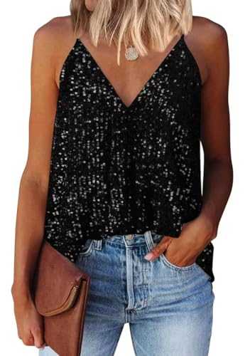 EUDOLAH Women's Vest Casual Fashion V-Neck Tie Sequins Glitter Camisole Sleeveless Tank Top