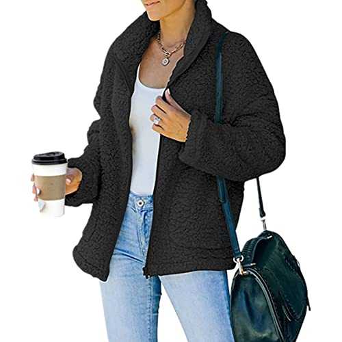 YAOTT Teddy Fleece Sweatshirts Womens Fuzzy Fluffy Coat Outwear Ladies Warm Jacket Faux Lamb Wool Solid Color Lapel Short Winter Coat Long Sleeve Full Zip Sherpa Cardigan Jackets with Pockets