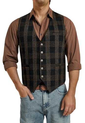 Enlision Mens Vintage Waistcoat Tweed Plaid V Neck Regular Fit Formal Classic Check Waistcoats for Men Wedding Tuxedos