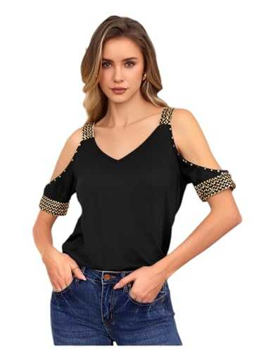 GORGLITTER Women's Short Sleeve Cold Shoulder T-Shirts Glitter V Neck Tees Summer Loose Shirt Tops