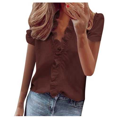 Ladies Blouses Summer V Neck Short Sleeve Dressy Casual Ruffle Tops Going Out Elegant Shirts