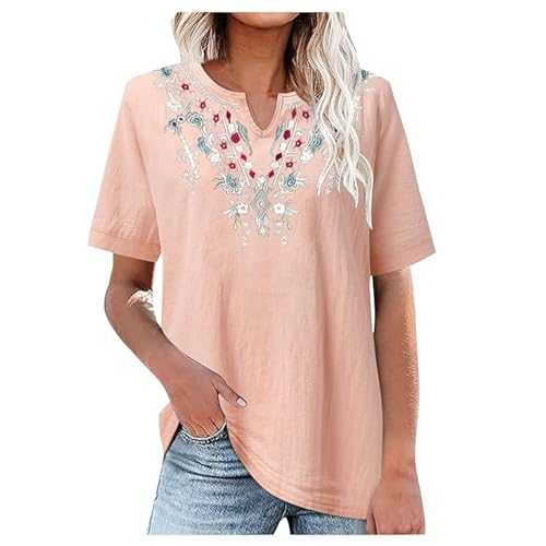 New Women Embroidered Shirt Cotton Linen V Neck Plain Loose Fit Artistic Short Sleeve Shirt for Women Top Glitter