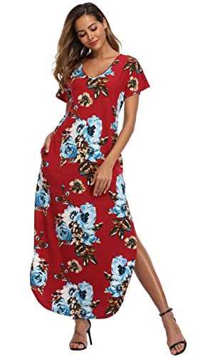 VEW Store Women's Maxi Dress Floral Printed Long Casual Beach Party Dress with Pocket