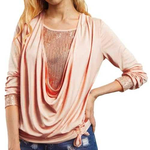 Women's Solid Sequin Long Sleeve Collar Loose Smocked Two Piece Women's Party Outfit Daily Casual Short Sleeve T-Shirt Top with Top