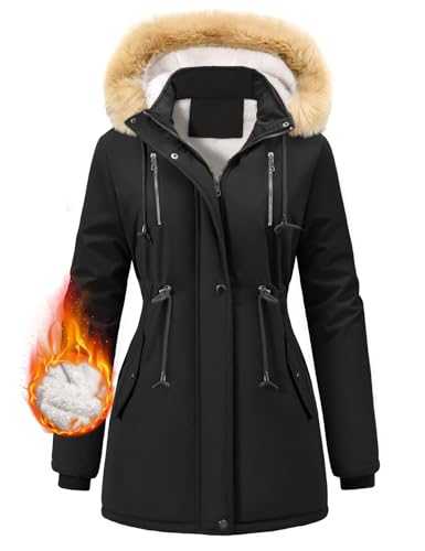 FemiChic Women Winter Coat Fleece Lined Jacket Faux Fur Parka Warm Ladies Hooded Thickened Thick Overcoat Drawstring Windproof Cotton-Padded Classic Outerwear