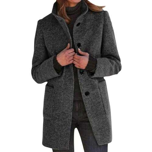 Women's Trench Coats uk Clearance,Casual Thicken Wool Blend Stand Collar Single Breasted Pea Coat Winter Woolen Solid Color Jacket Outerwear