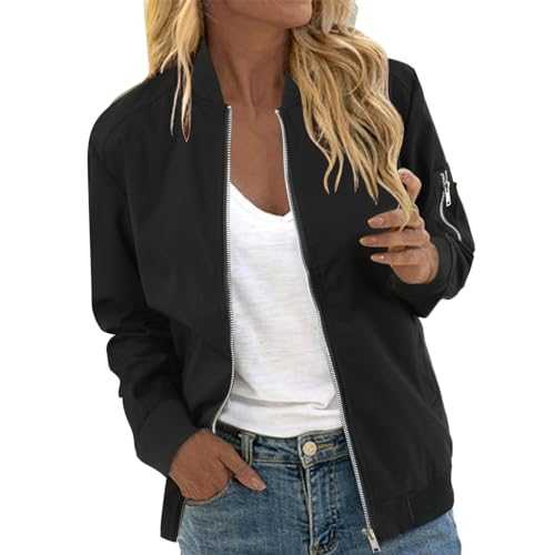 DUHENWU Womens Bomber Jacket Lightweight Flight Jackets Long Sleeve Zip Up Stand Collar Outwear Motorbike Jackets Office Blazer Jacket Casual Fall Winter Outwear Outfits with Pockets