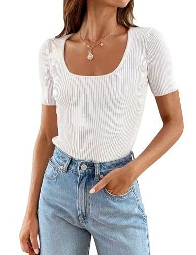 ZESICA Women's 2023 Short Sleeve Square Neck T Shirts Slim Fitted Summer Ribbed Knit Basic Casual Tee Tops