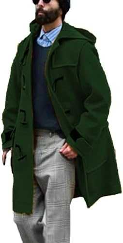 FZKun Men's Long Toggle Duffle Coat Wool Blend Hooded Toggle Duffle Coats Warm Work Windbreaker Jacket