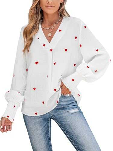 CUPSHE Women Blouses Embroidered Heart Gauze Top V Neck Long Sleeves Shirt