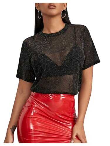 GORGLITTER Women's Sheer Mesh Glitter Party Tops Short Sleeve Crewneck Tee Shirts Rave Outfits