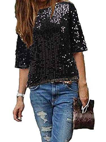 CHOSERL Women's Summer Sequins Tops Glitter Party Shirt Short Sleeve Sparkle Blouses T-Shirt