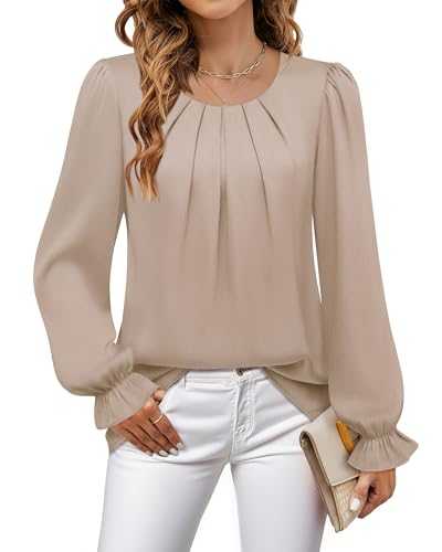 Lotusmile Womens Business Casual Blouse Pleated Ruffle Long Sleeve Dressy Top Satin Work Shirt