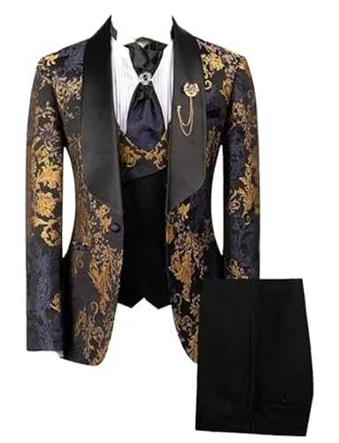 Ulnomio Men's Jacquard Suit Three-Piece Banquet Shawl Lapel One Button Jacket Vest Pants Casual Set