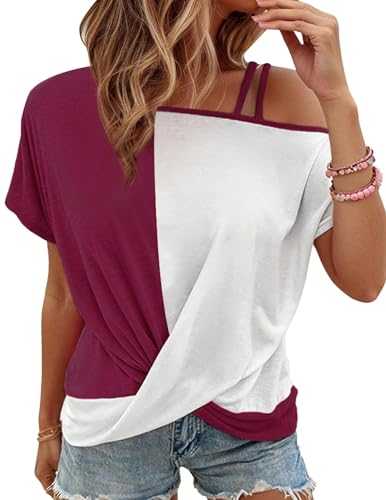 Women Off The Shoulder Tops Twist Knot Color Block Loose Fit Cold Shoulder Shirts Fashion T Shirts