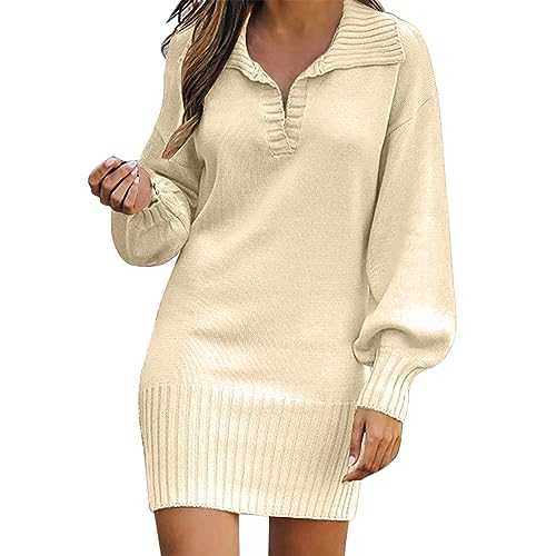 Winter Knitted Dresses for Women Plus Size Uk Woolen Mid Length Lapel Sleeve Jumper Dress Elegant Women's Sweater Dress Chunky Knit Solid Color Pullover Jumpers Slim Casual Knitwear Sale Clearance