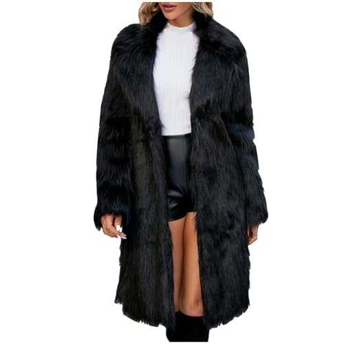 Yolimok Faux Fur Coat Women Longline Artificial Mink Coats Long Sleeve Lapel Collar Windproof Long Trench Coat Winter Warm Furry Cardigan Fluffy Jacket Outdoor Snow Party Outerwear