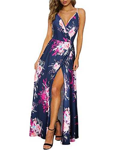 II ININ Women's Deep V-Neck Casual Dress Summer Backless Floral Print/Solid Split Maxi Dress for Beach Party