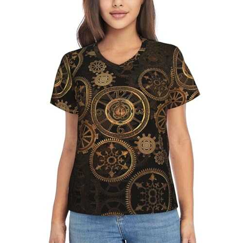HUIKGIER Gears Clock Bronze Century Print Women'S Casual Shirts Dressy Casual Short Sleeve Pullover T-Shirts Blouse V Neck