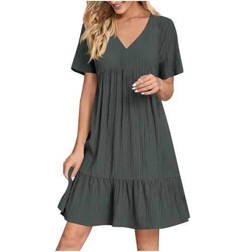 Summer Dress Warehouse Clearance Ladies V Neck Short Sleeve Pleated Tiered Tshirt Dresses Stylish Classic Modest Midi Dress Comfortable Lightweight Sundress for Beach Party and Travel