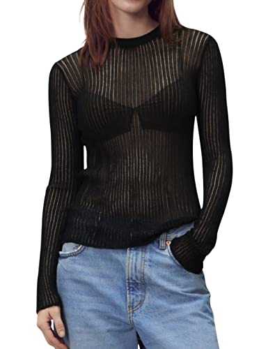 SAFRISIOR Women Sexy See Through Long Sleeve T-Shirts Mesh Sheer Skinny Rib Scalloped Trim Tees Blouse Top Outfits