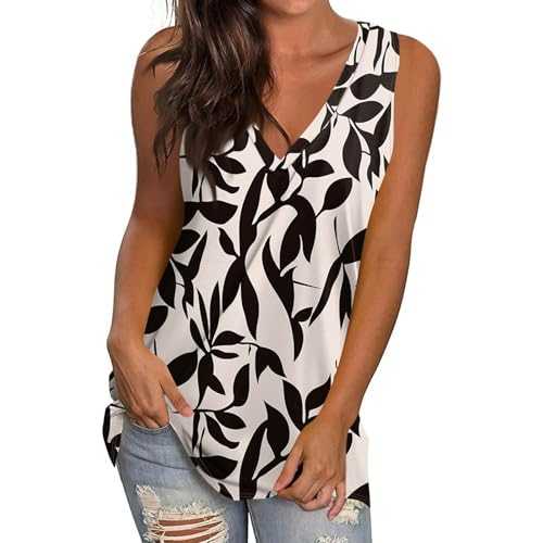 Muslin Blouse Women's Sleeveless V-Neck Tunic Tops Beach Generic Shirt Blouses Fashionable Stretch Summer Blouse Beach Baggy Tops Slim Fit Loose T-Shirt with Floral Pattern