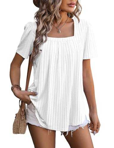 Flikity Womens Blouses Square Neck Tops Puff Short Sleeve Ladies Tops Pleated Tunic Tops Flowy Solid Spring Summer Casual T Shirts S-2XL