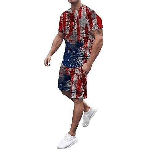 Uwdiohq Independence Day Mens Suits Short Sleeve Crewneck Pullover Tops with Shorts Colored Stripe Stars Print Set Summer Fashion Sports Suits for Outdoor