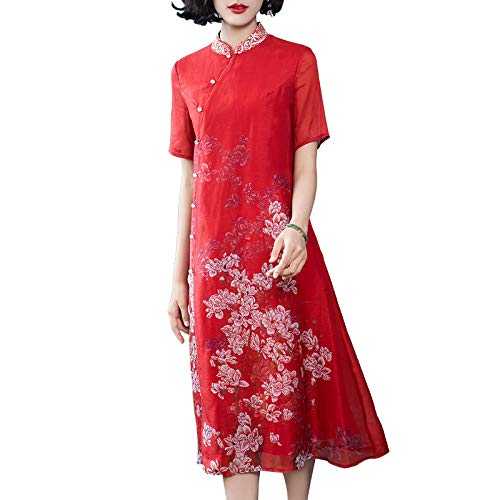 Embroidery Casual Loose Dress Cotton and Linen Chinese Buttons Cheongsam