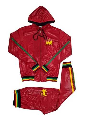 Time Is Money Men's Designer Rasta Lion Athletic Poly Slim Fit Tracksuit, Hooded Zip-Up Jacket and Pants Set, Black, Red, Green