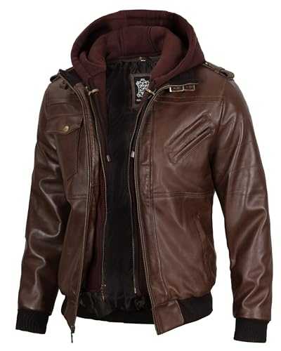 fjackets Leather Bomber Jacket For Men - Edinburgh Dark Brown Real Leather Removable Hood Jacket Mens | [1112373] M