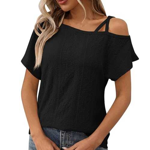 Summer Tops for Women UK Clearance Womens T Shirts Eyelet Short Sleeve Cold Shoulder Shirts Dressy Elegant Tunic Blouse Loose Casual Summer Flowy Tops Home Beach Vacation Wear