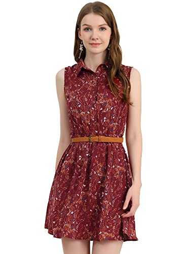 Allegra K Women's Half Placket Above Knee Printed Belted Sleeveless Dress