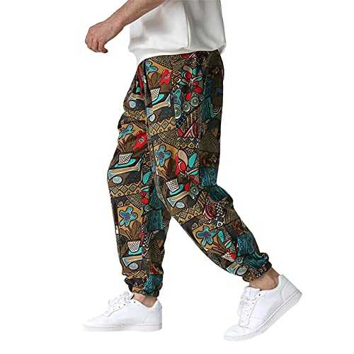 Mens Cotton 3D Printed Tracksuit Bottoms Elasticated Waist Trousers Hippie Costume Cargo Work Trousers Lounge Pants Beach Walking Running Jogging Sweatpants Drawstring Harem Pants M-3Xl