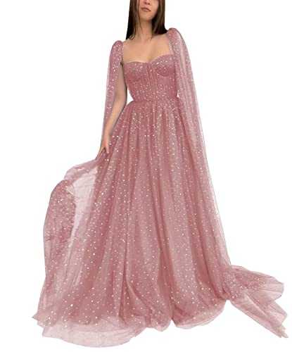 KURFACE Ball Gown Cape Sleeve Party Formal Dresses Sparkly Starry Pleated Prom Gowns with Pockets Long Evening Dress in Slit for Women's