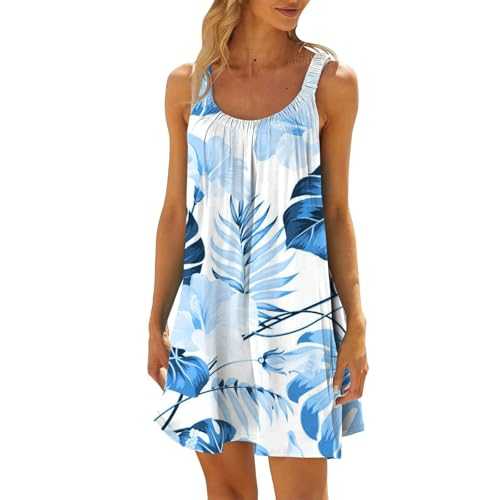 HOOUDO Summer Beach Dresses for Women UK Tropical Hawaii Floral Dress Stretch Strap Boho Swing Sundress Ladies Sleeveless Tank Beach Cover Ups Beachwear Plus Size