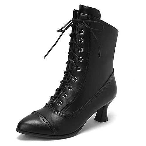 Bkebge Women's Ankle Boots Victorian Gothic Mid Calf Boot Round Toe Black Lace Up Vintage Steampunk Witch Knight Boots