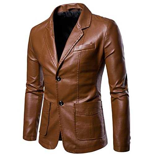 UnoSheng Men's Casual Coat Solid Leather Single Breasted Blazers Jackets Slim Lapel Collar Pocket Warm Long Sleeve Suit Coat Mens Suits Big And Tall