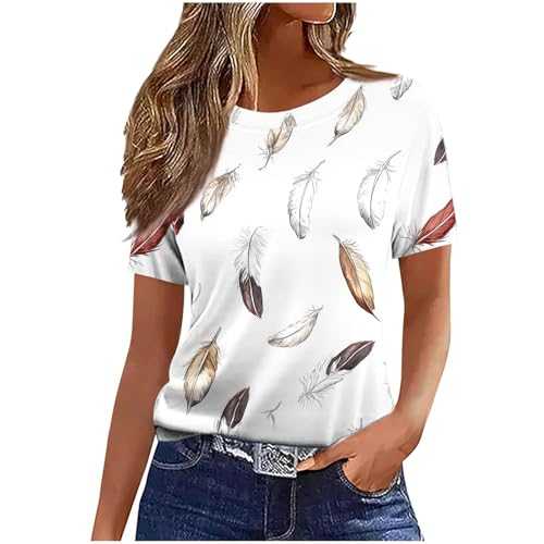 Womens Summer Tops Short Sleeve Crew Neck Shirt Dressy Casual Work Wear Tunic Blouses for Women UK Floral Cute Print Tees Ladies Going Out Tops Loose Loungewear Y2K Jumpers