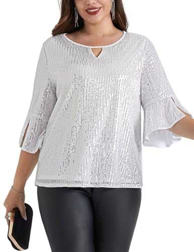 Hanna Nikole Tops Ladies Sequin Glitter Hollow V-Neck Designs Sequin Blouse 3/4 Sleeve T Shirt