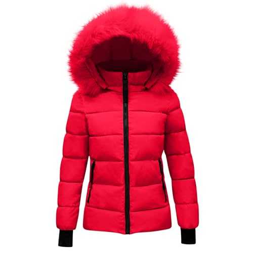 Womens Winter Coat Full Zip Thick Puffer Jacket Fluffy down Coat with Removable Plush Hood Packable Fleece Quilted Windbreak Cardigan Ladies Thermal Outdoor Active Overcoat for Outing, Skiing
