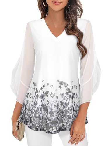 Womens Blouses Flared 3/4 Sleeve Mesh Ladies Tops Chiffon Double Layers Tunic Tops Loose Flowy Shirts M-3XL