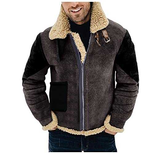 NC Mens Sherpa Suede Leather Trucker Jackets Western Faux Shearling Walking Coats Wool Stand Collar Fleece Lined Windproof Outerwears Dark Gray