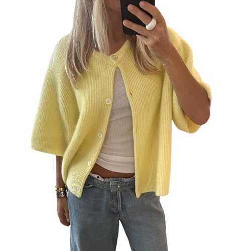 Women Y2k Knitted Crop Cardigan Short Sleeve Button Up Rib Knit Solid Color Cute Sweater Shirt